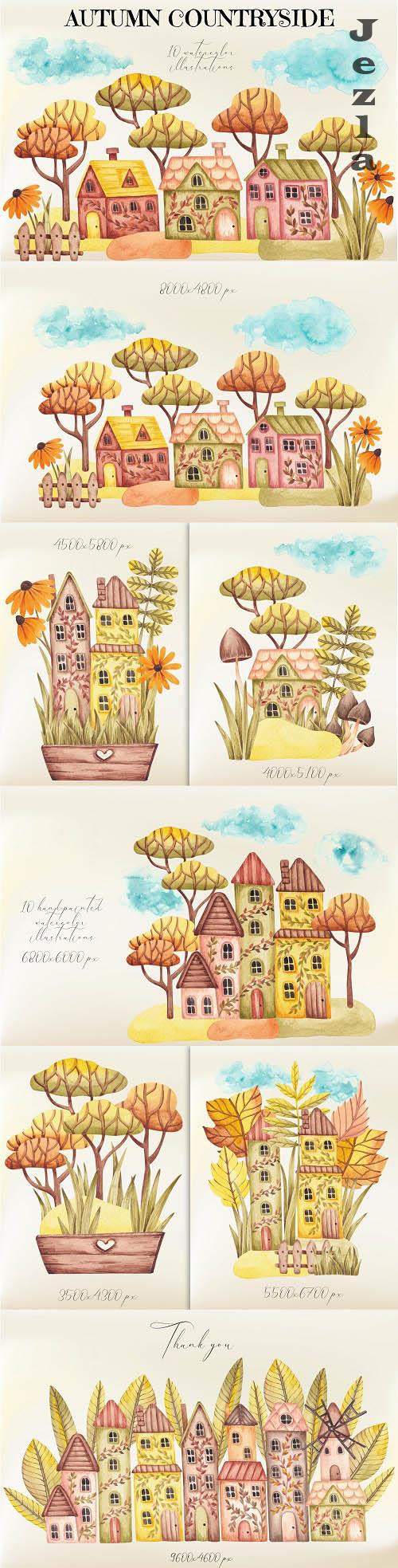 Watercolor Illustrations Autumn Countryside - 1506889