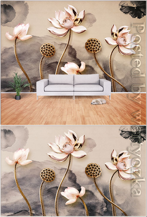 New chinese 3d stereo lotus ink background wall