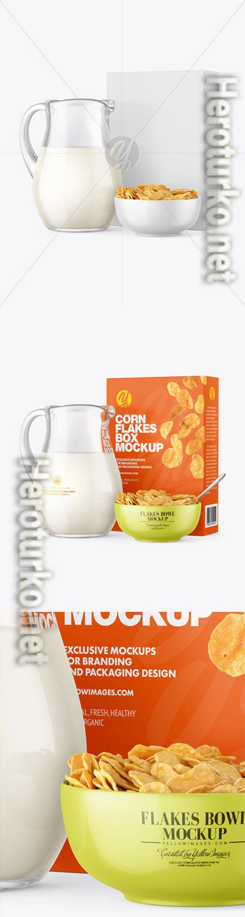 Glass Milk Jug and Bowl with Corn Flakes Mockup 86588