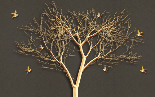 Golden embossed big tree branches flying birds background wall
