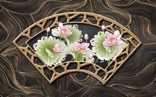 Golden wrought iron striped three dimensional lotus background wall