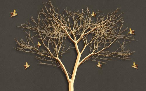 Golden embossed big tree branches flying birds background wall Golden embossed big tree branches flying birds background wall