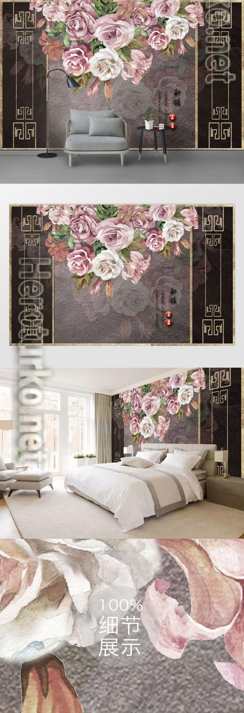 3d three dimensional relief rose european retro tv background wall decoration painting