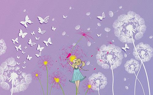 Purple three dimensional dandelion girl butterfly tv background wall Purple three dimensional dandelion girl butterfly tv background wall