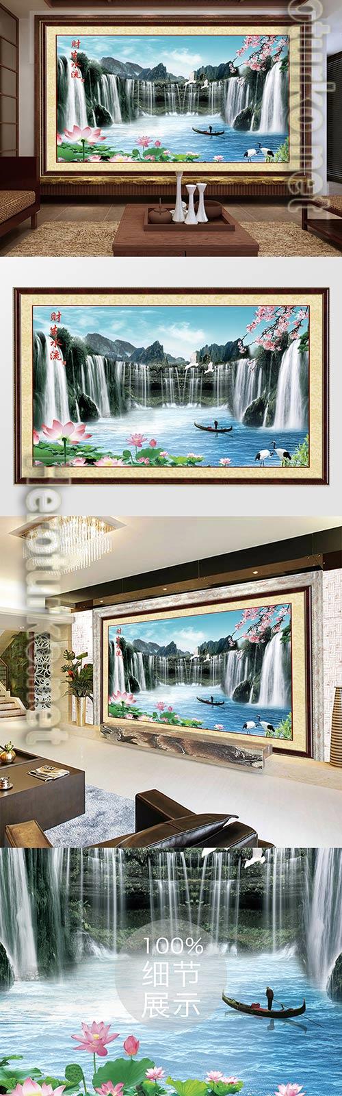 Chinese style framed water and wealthy waterfall lotus white crane tv background Chinese style framed water and wealthy waterfall lotus white crane tv background