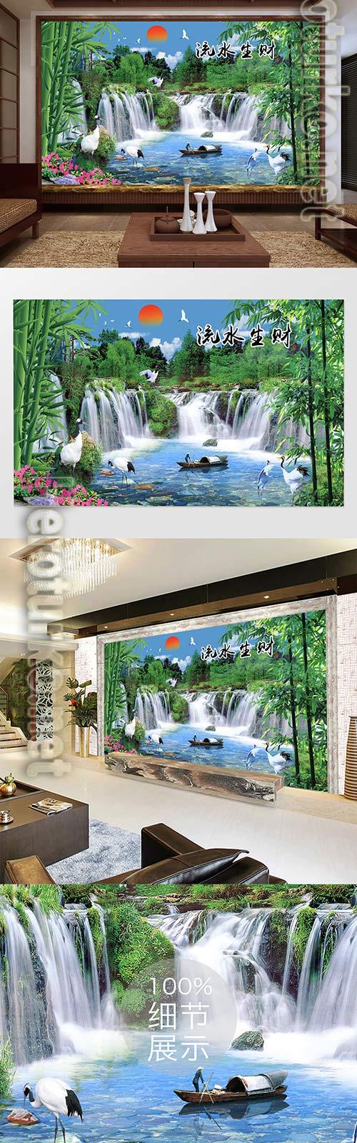 Water and wealth pine crane bamboo water tv background wall