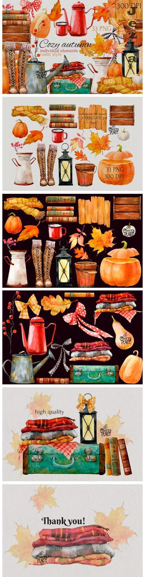Cozy autumn. Watercolor Fall clipart, rustic style, PNG - 1472104