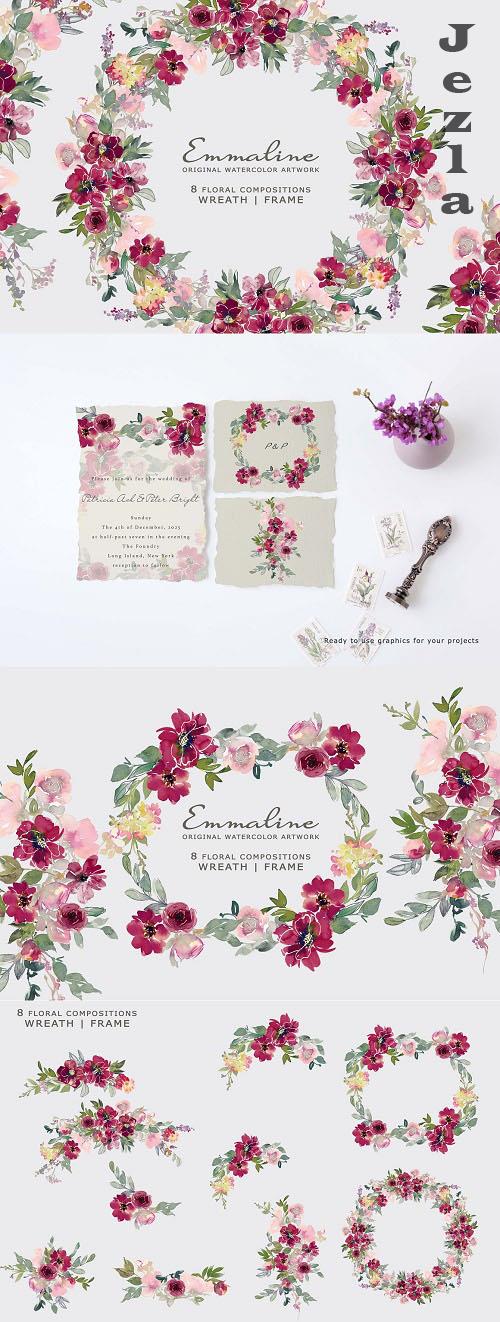 Watercolor Burgundy Floral Clipart - 6430727