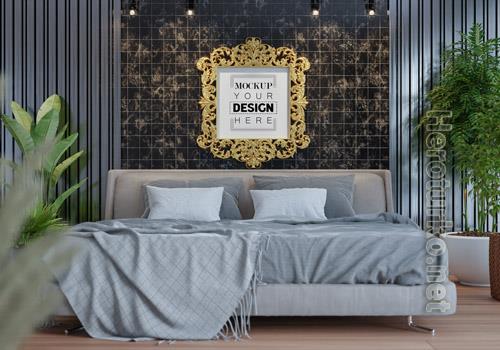 Poster frame mockup interior in a bedroom Premium Psd vol 2