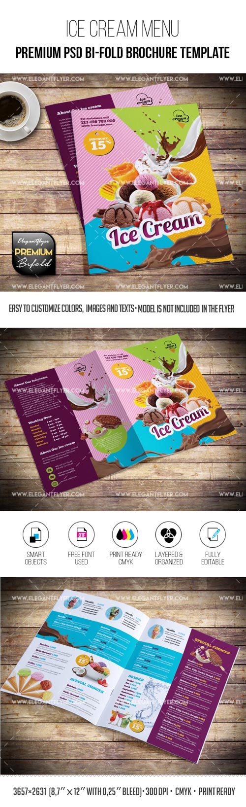 Ice Cream Menu Premium PSD Bi-Fold Brochure Template