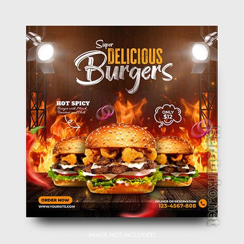 Delicious burger promotion food menu social media post template psd