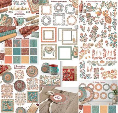 CreativeMarket   KALAMKARI. Vector Set Ornaments. 3809401