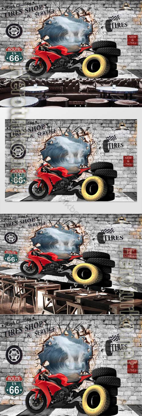 Retro 3d brick wall motorcycle background wall
