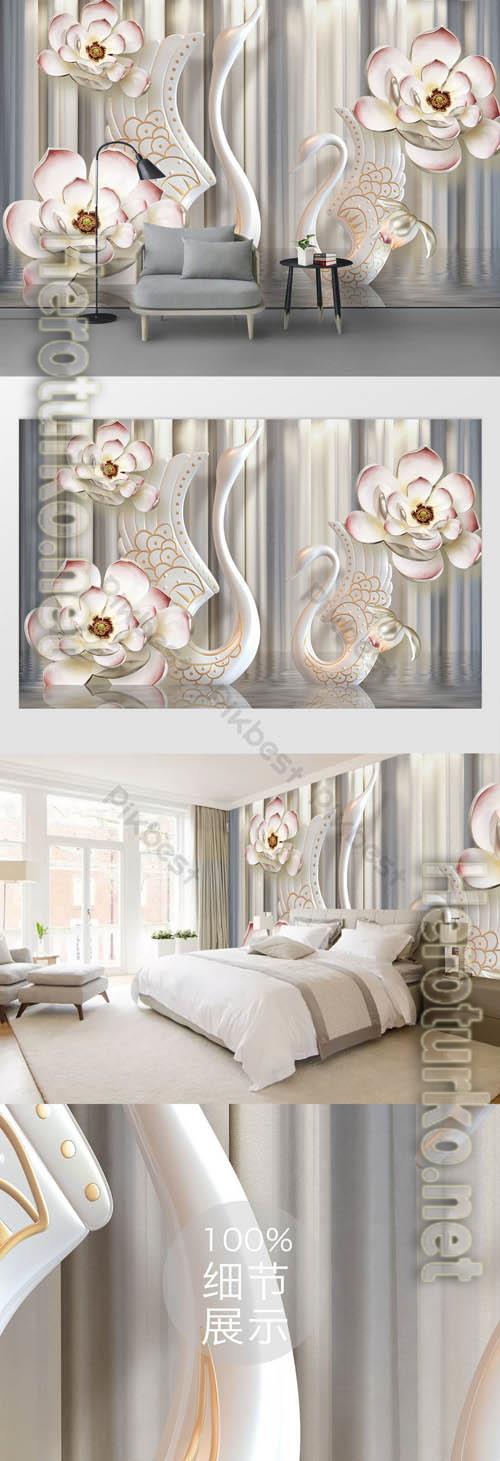 Light luxury 3d flower swan embossed background wall
