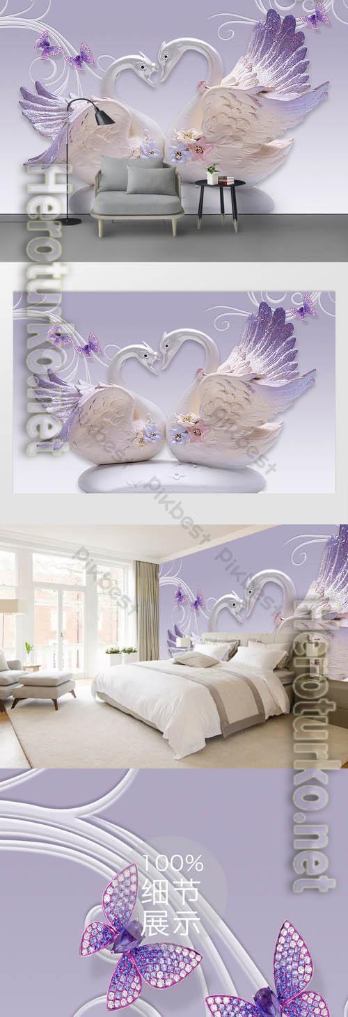 3d embossed elegant purple swan background wall
