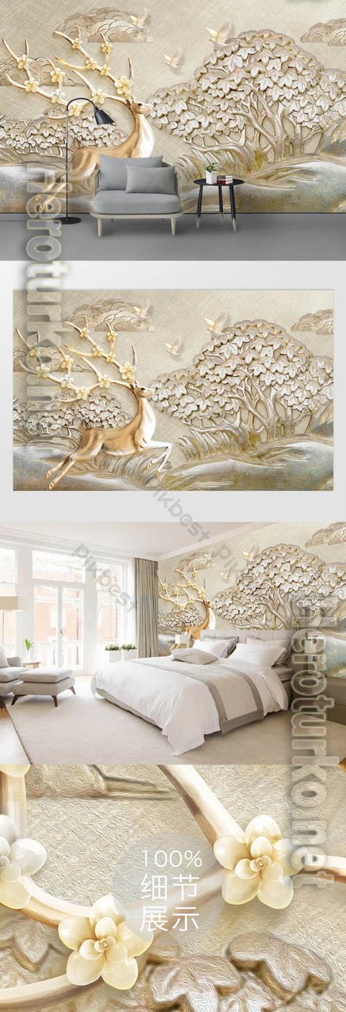 3d embossed tree bird golden deer tv background