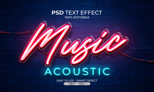 Music acoustic neon light text effect Premium Psd
