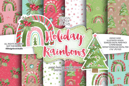 Holiday Rainbow digital paper pack