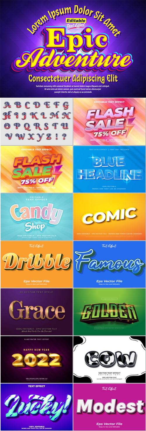 Set 3d editable text style effect vector vol 204