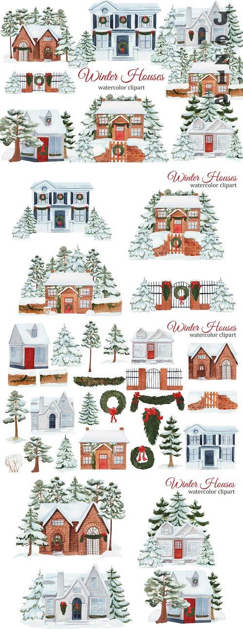 Watercolor Winter House Clipart - 1609800