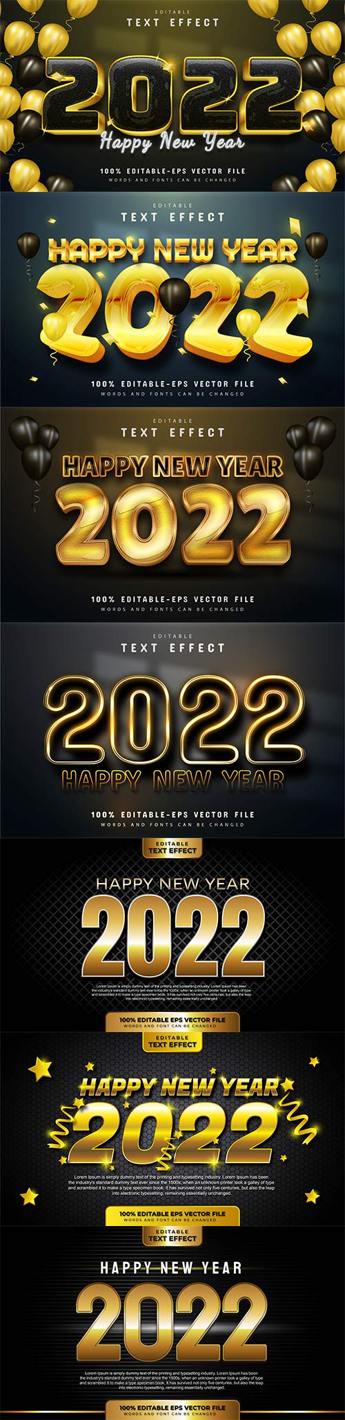 Happy new year 2022 gold 3d editable text effect premium vector