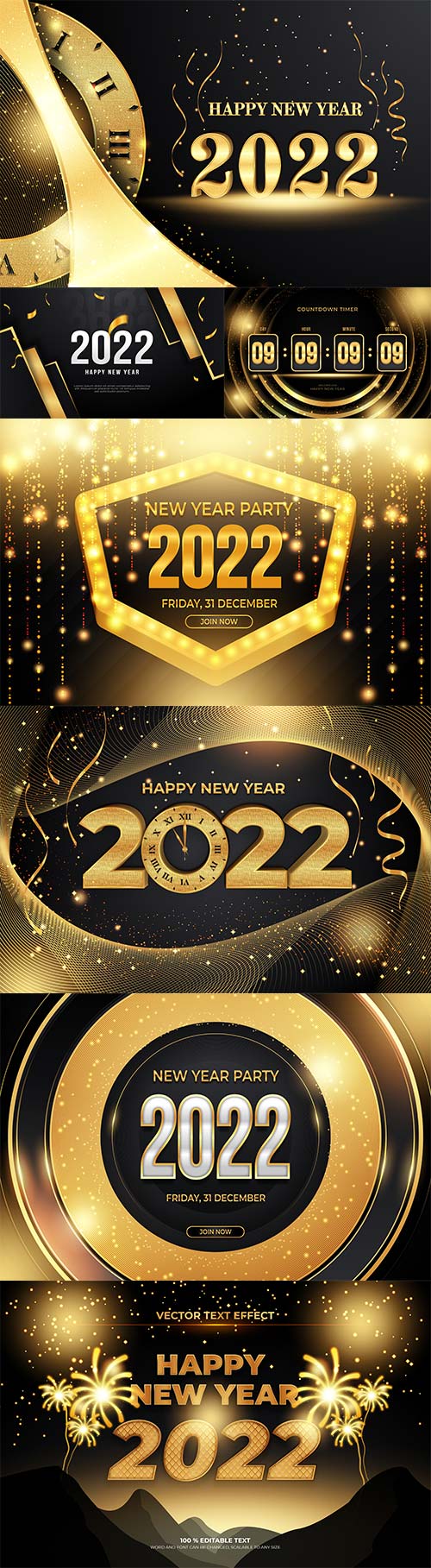 Happy new year editable text effect with black gold backround style premium vector
